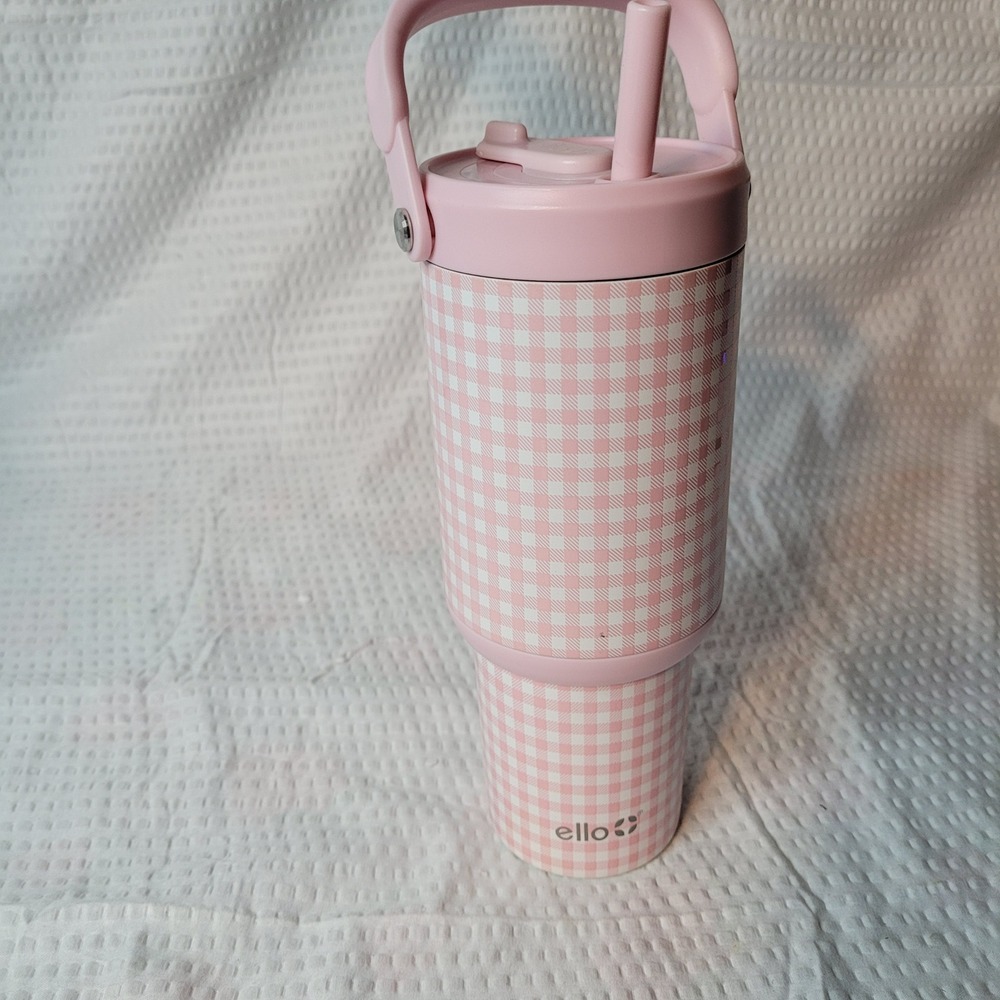 Ello Oasis 24oz Pink Gingham Stainless Steel Insulated Tumbler with Straw